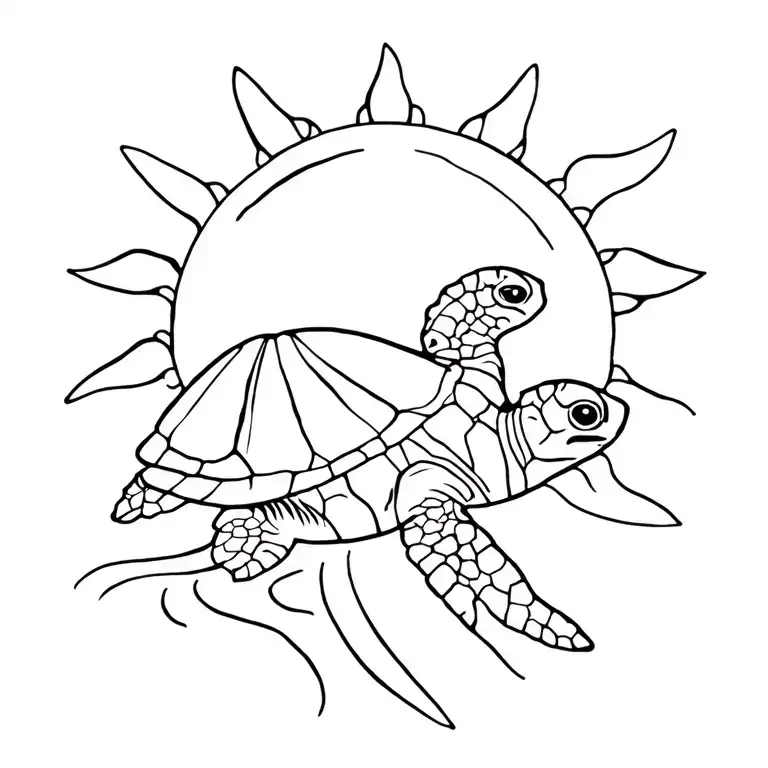 sun and sea turtle and wave  tattoo design idea