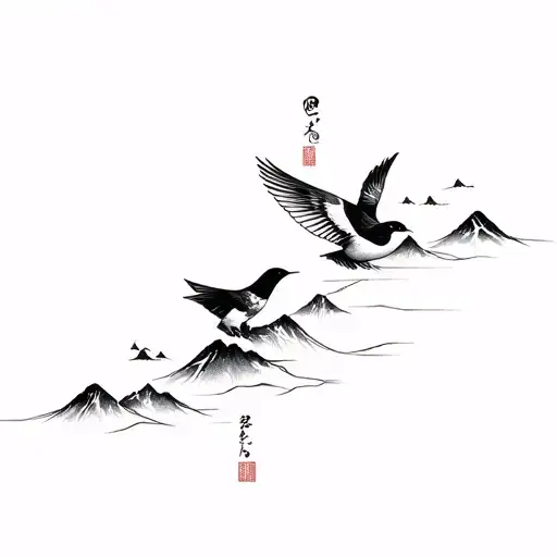 Create a tattoo design that features kintsugi-style lines and incorporates a mountain sketch, a swallow, and the Japanes tattoo design idea