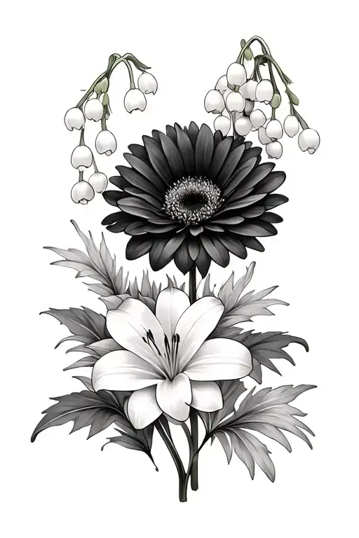 chrysanthemum and Lily of the valley flowers tattoo design idea