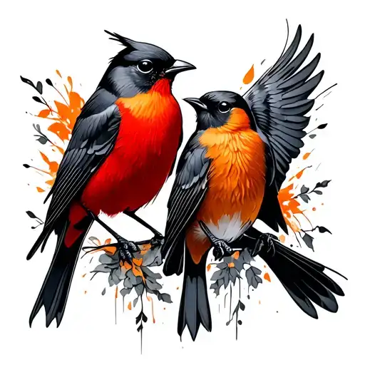 i want 2 robins facing each other and 1 to be red chest and the other orange chest and i want the orange to tell the oth tattoo design idea