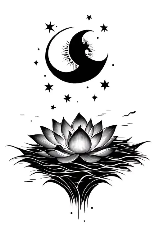 Lotus flower, Sun, moon, stars, wave, heart tattoo design idea