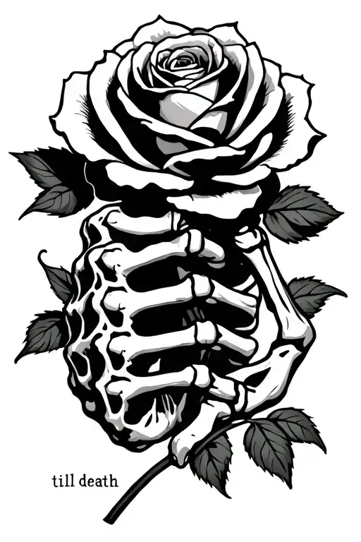 skeleton hand holding rose with til death running long ways on the side tattoo design idea