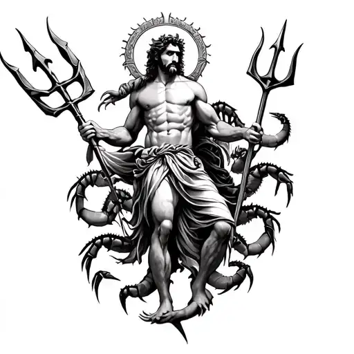 Poseidon holding a trident, surrounded by a school of majestic scorpios tattoo design idea
