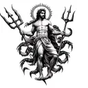 Poseidon holding a trident, surrounded by a school of majestic scorpios tattoo design idea