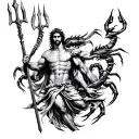 Poseidon holding a trident, surrounded by a school of majestic scorpios tattoo design idea