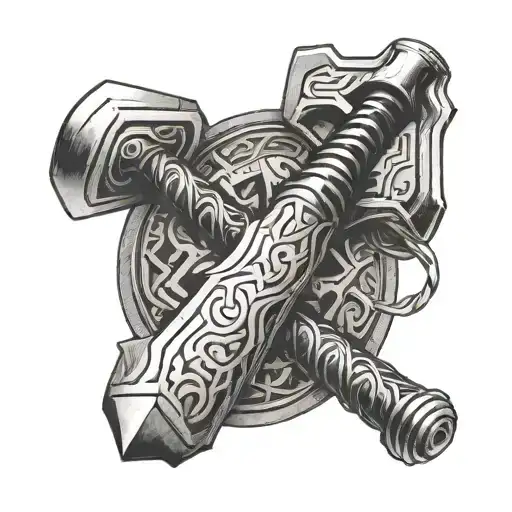 thor hammer ingraved with Runes Motorcycle Carpenter Mechanic tattoo design idea