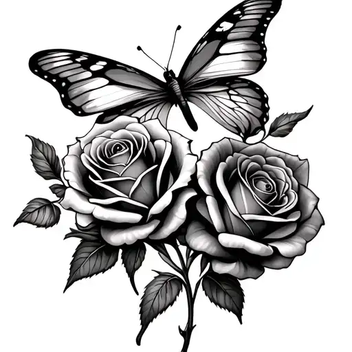 2 roses, 1 iris and a butterfly perched tattoo design idea