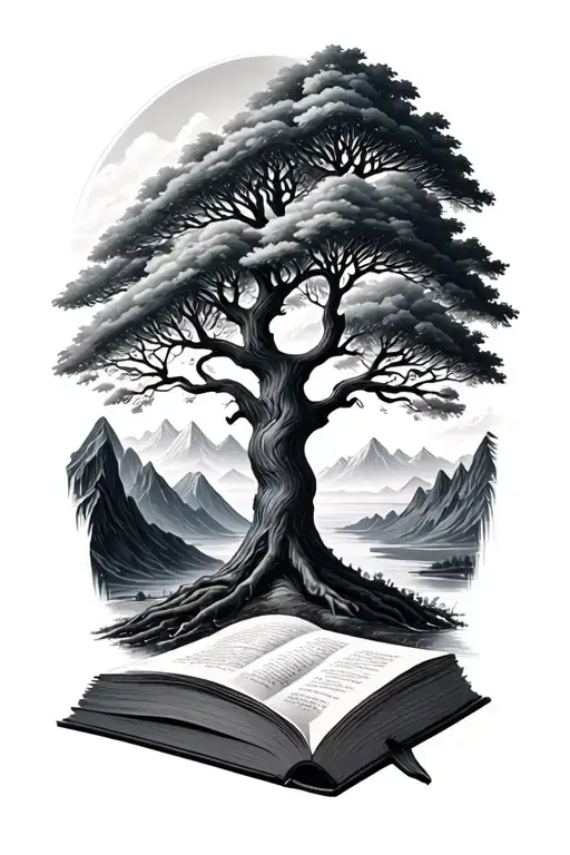 Tree Of Knowledge out of a book with mountains panorama tattoo design idea