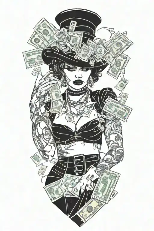 A fierce female gangster hustling figure counting money tattoo design idea