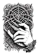 baby hand intertwined with Scandinavian Web of Wyrd, intricate and detailed, minimalist, forearm tattoo design tattoo design idea