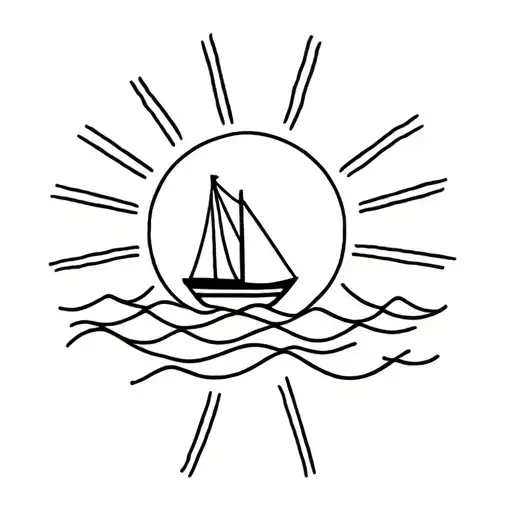 bright sun with rays. sailing boat with waves tattoo design idea