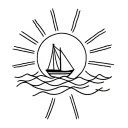bright sun with rays. sailing boat with waves tattoo design idea
