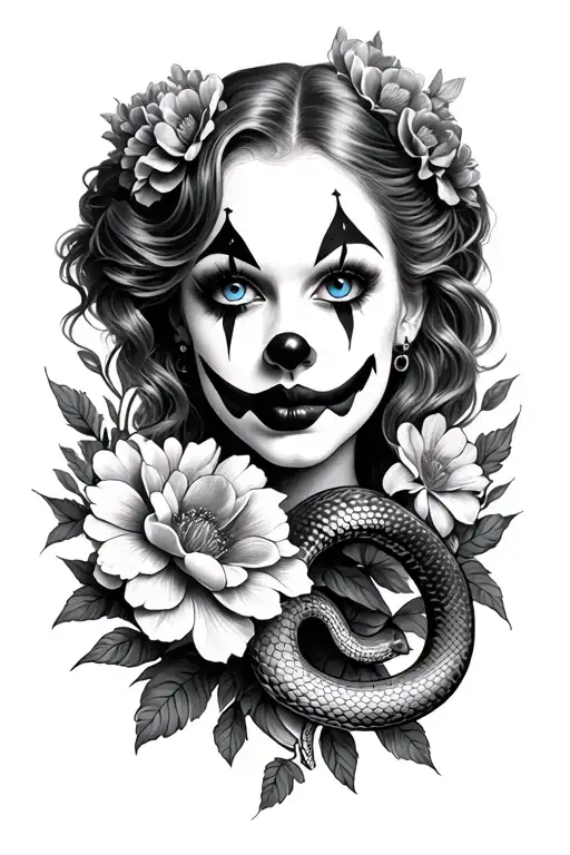 female clown face, blue eyes, flowers, snake, Gemini leg sleeve tattoo design idea
