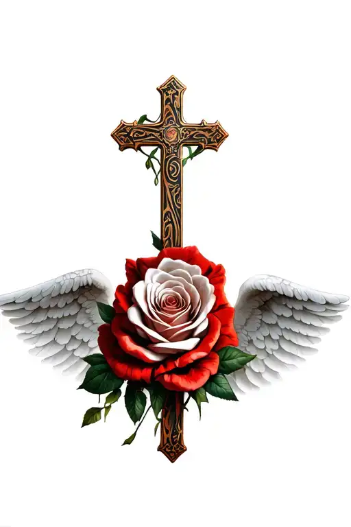 cross sad clown angel  roses tattoo design idea