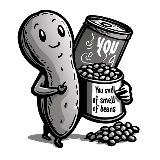 A stick figure bean holding a small tin of beans with the words you smell of beans incorporated  tattoo design idea