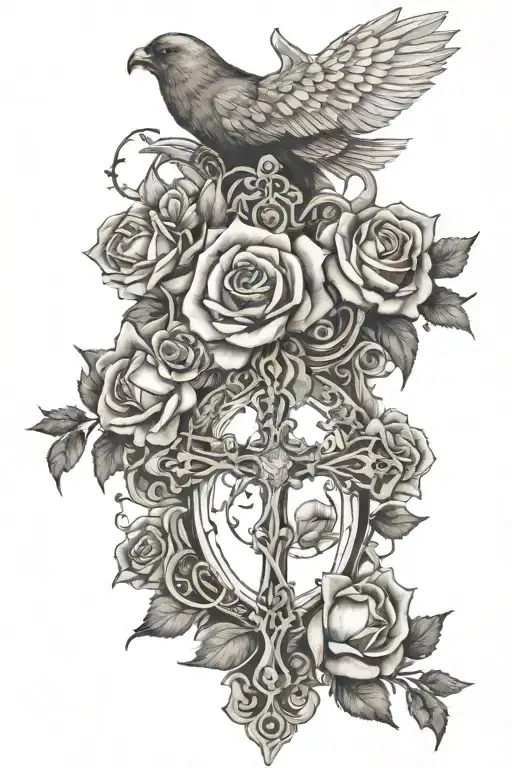 cross with roses, 3 doves and a bear surrounded tattoo design idea