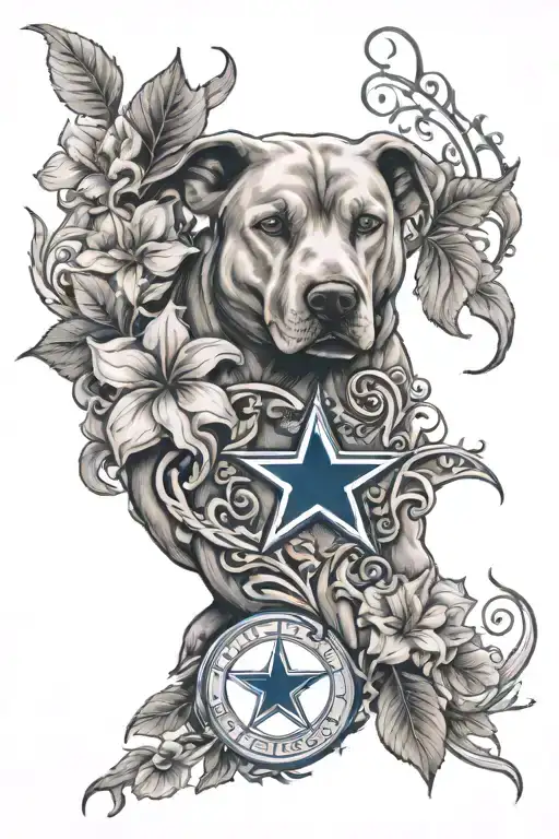 dog wood flowers with vines wrapping around the arm, with a yin and yang sign, a Dallas cowboys star tattoo design idea