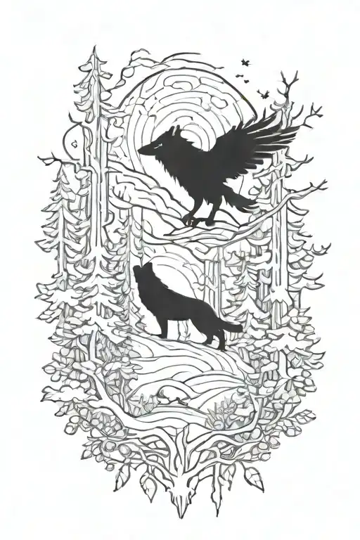 A wolf in the middle of the forest, a raven above him tattoo design idea