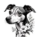 whippet dog smelling flowers tattoo design idea
