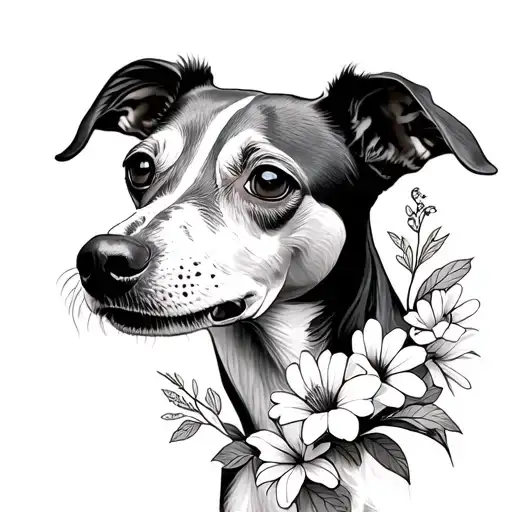 whippet dog smelling flowers tattoo design idea