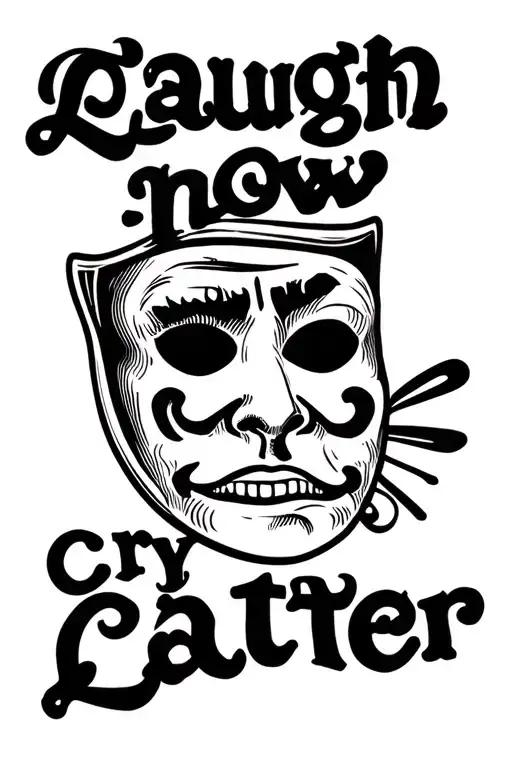 Sad and happy mask with phrase "Laugh Now Cry Later" in a chicanos style tattoo design idea