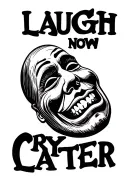 Sad and happy mask with phrase "Laugh Now Cry Later" in a chicanos style tattoo design idea