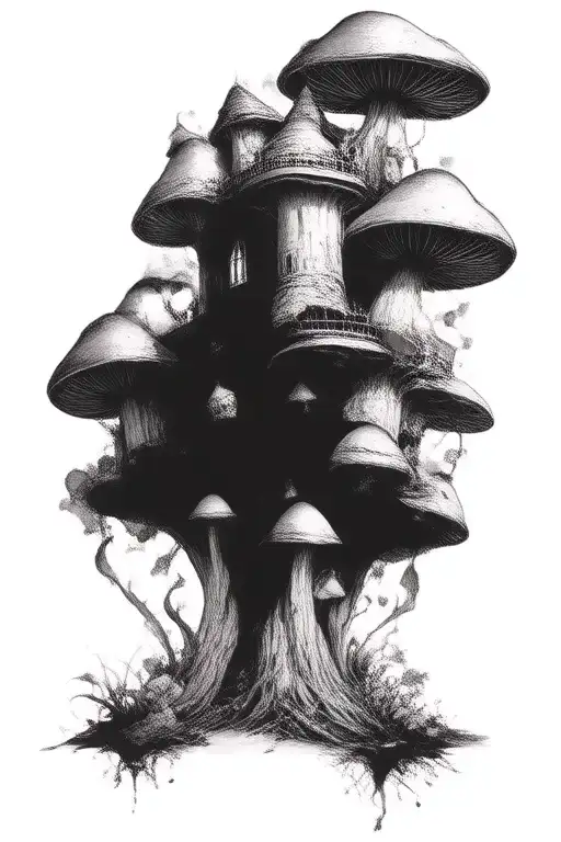 Mushrooms grow from the stump, and they grow into a disney like castle. tattoo design idea