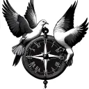 2 doves holding a compass clock face tattoo design idea