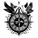 2 doves holding a compass clock face tattoo design idea