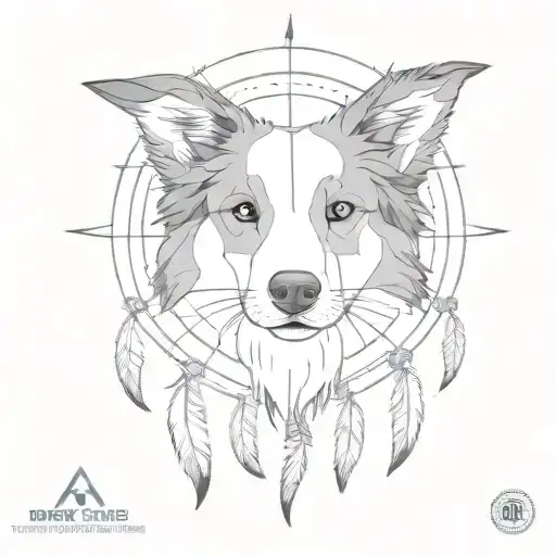 Border collie head made of geometric shapes within a dreamcatcher tattoo design idea