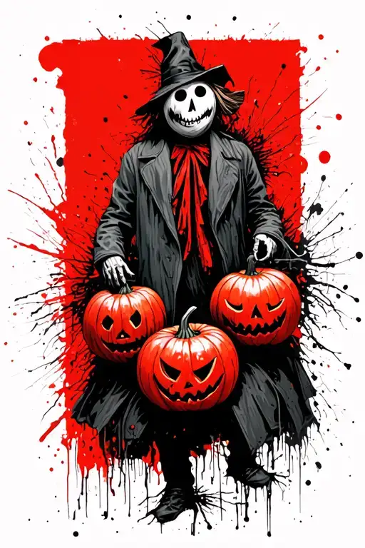 A scarecrow without a head, in a coat with parse, it is excited by three pumpkins tattoo design idea
