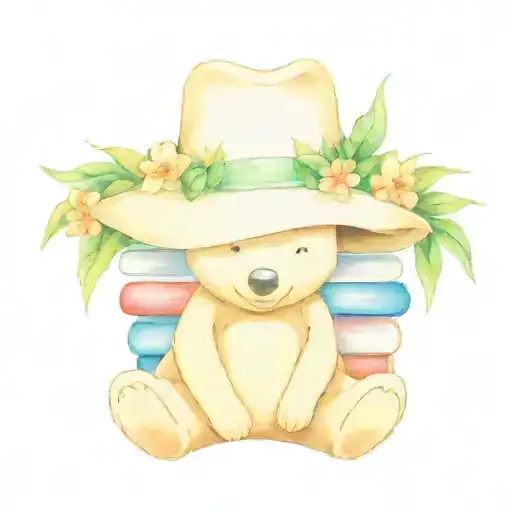 winnie the pooh with oversized sun hat  on head next to stack of books with hawaiian lei on neck tattoo design idea