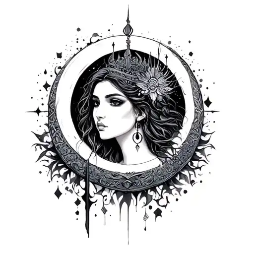 feminine strength moon goddess tattoo design idea