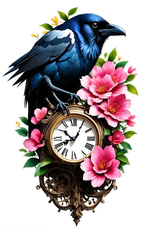 Perfect 👌 Here is the prompt optimized in French for your variant 2 (Raven tattoo + cracked clock + Sakura). You po tattoo design idea