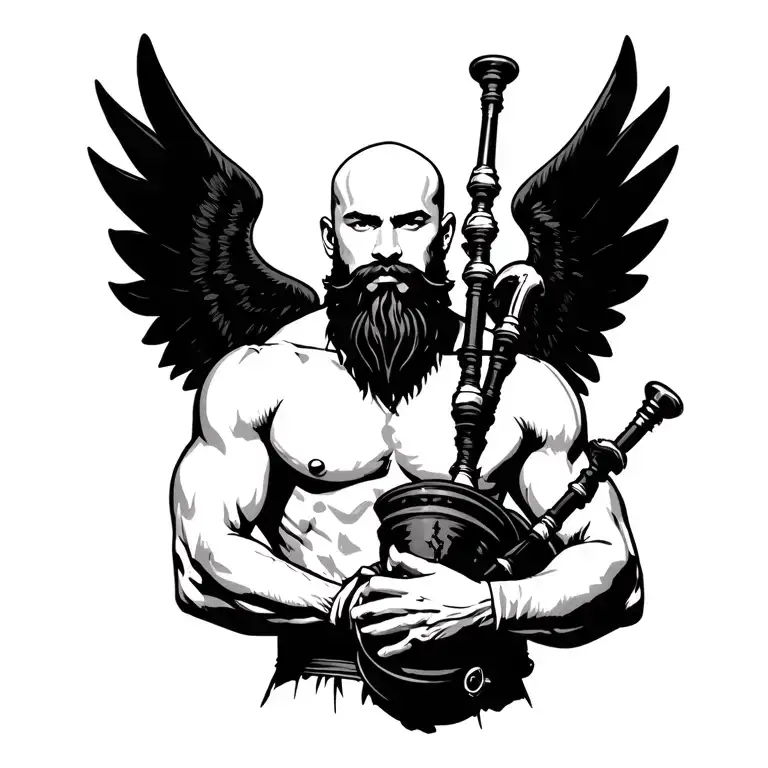 handsome scottish bagpiper bald black beard  muscular wearing pipes in arm big black wings shirtless tattoo tattoo design idea