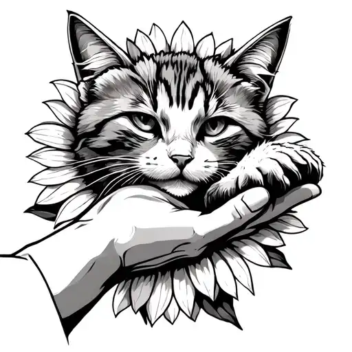 The cat reaches for the paw to the hand of a man, behind the background of the sunflower tattoo design idea