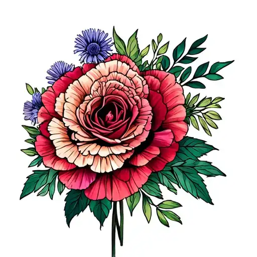 rose, carnation, carnation, aster, aster bouquet wrapped tattoo design idea