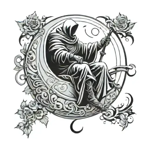 a tattoo design wih moon knight sitting on the Waxing Crescent Moon     tattoo design idea