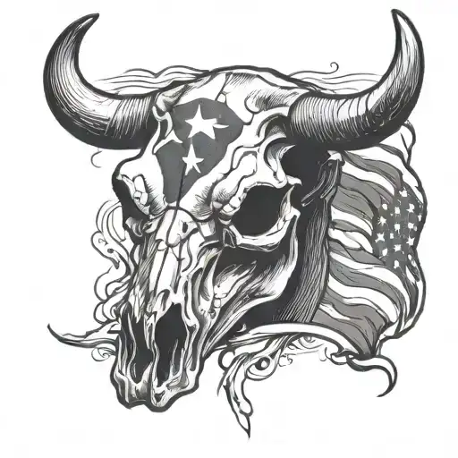 cracked and shaded long horn cow skull with the american and colombian flag on it  tattoo design idea