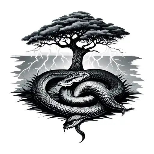 tree next to snake under lightning tattoo design idea