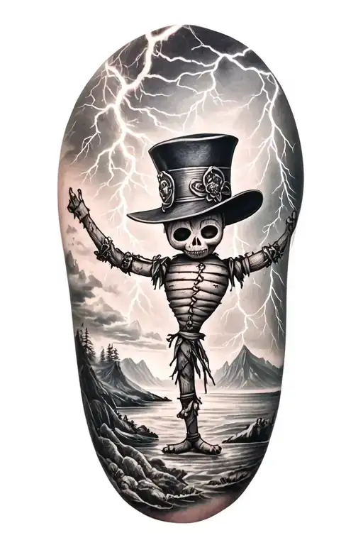 voodoo doll with cylinder hat and lightining storm and fjord and nature tattoo design idea