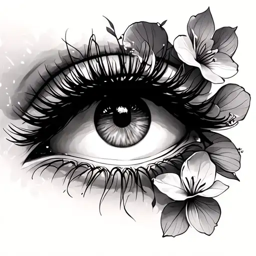 female eye with lashes and no eyebrow and cherry blossoms  tattoo design idea