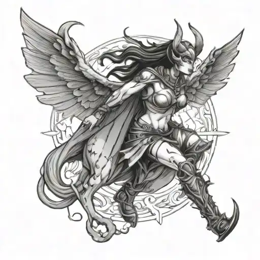 demon over a valkyrie warrior woman tattoo design idea
