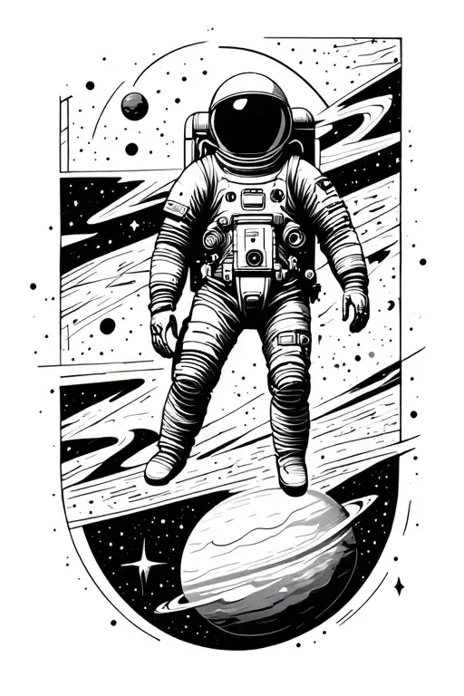 space, spaceship, astronaut floating in space , planets, galaxies, and stars  tattoo design idea
