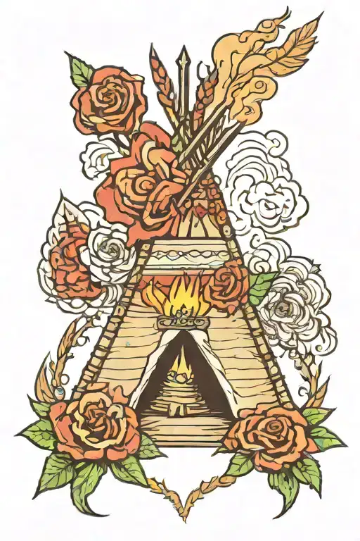 teepee, wild west, fire, rose tattoo design idea