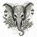 A whimsical scene of a skull wearing an elephant mask, with lanterns floating above and floral vines wrapping around tattoo design idea