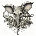 A whimsical scene of a skull wearing an elephant mask, with lanterns floating above and floral vines wrapping around tattoo design idea