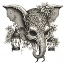 A whimsical scene of a skull wearing an elephant mask, with lanterns floating above and floral vines wrapping around tattoo design idea
