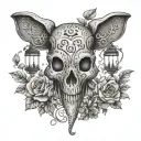 A whimsical scene of a skull wearing an elephant mask, with lanterns floating above and floral vines wrapping around tattoo design idea