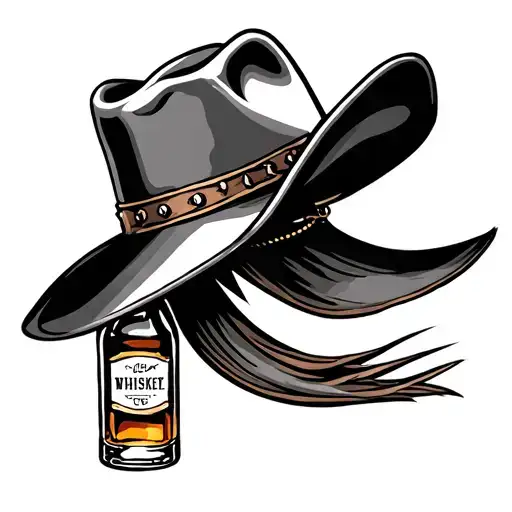cowboy hat hanging on whiskey bottle tattoo design idea